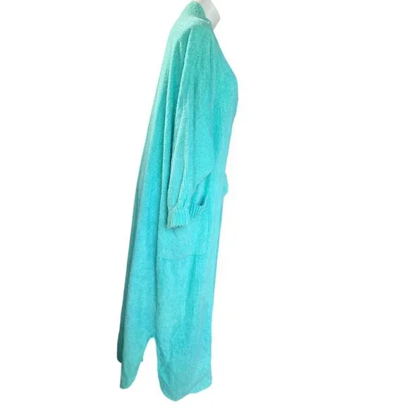Chenille Button-Front Housecoat 1X Aqua Blue Long Sleeves Dual Pockets VTG READ - Picture 2 of 10